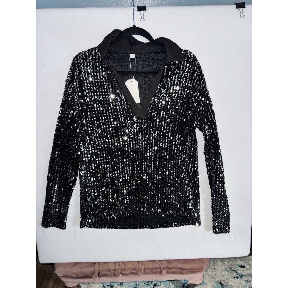 NWT Women’s Long Sleeve V Neck Sequined Dress Top Y2K Collar Large